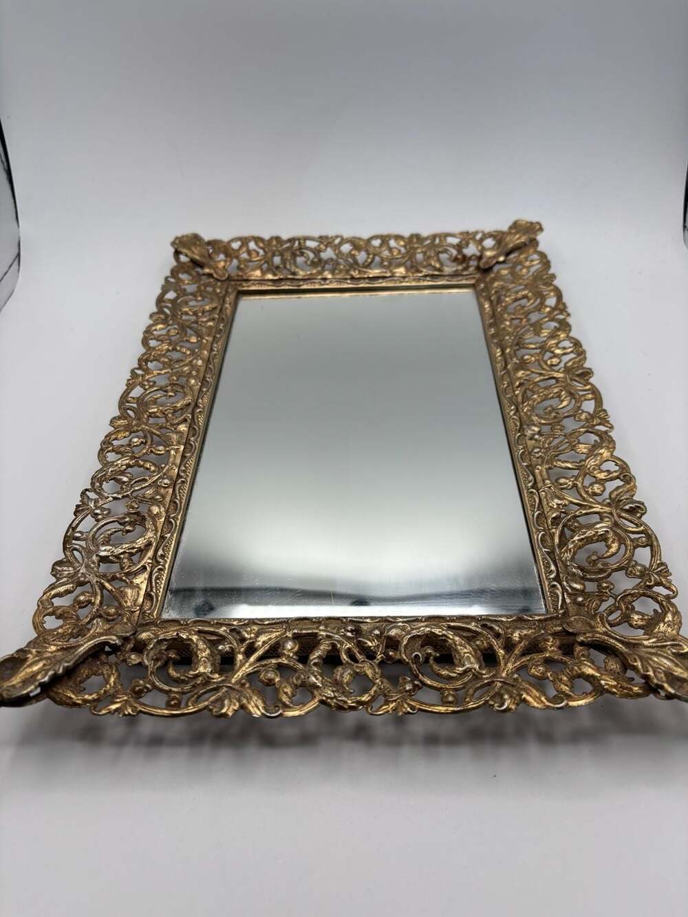 Vintage Ornate Gilt Filigree Metal Vanity Tray Table Top Mirror or Frame